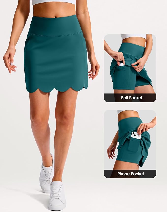 16" Skorts for Women with 4 Pockets High Waisted Scalloped Hem Athletic Tennis Skirt Golf Skort Dressy Casual