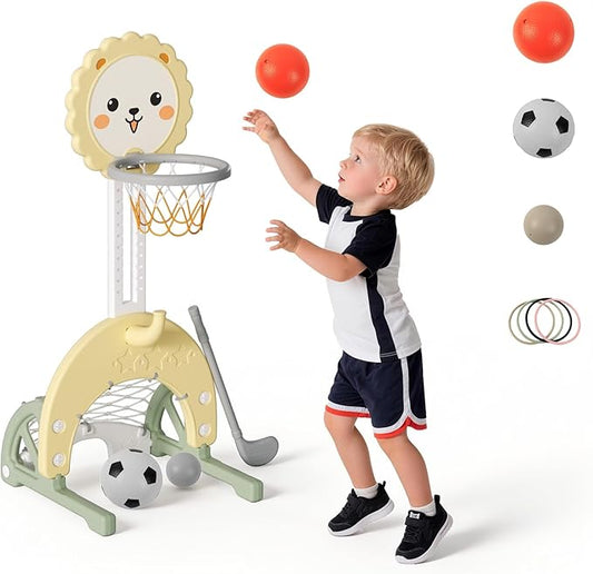 4-in-1 Toddler Basketball Hoop Indoor Adjustable Height Outdoor Sports Center for Kids Aged 1-3 Basketball, Soccer, Hockey & Ring Toss, Yellow and Green