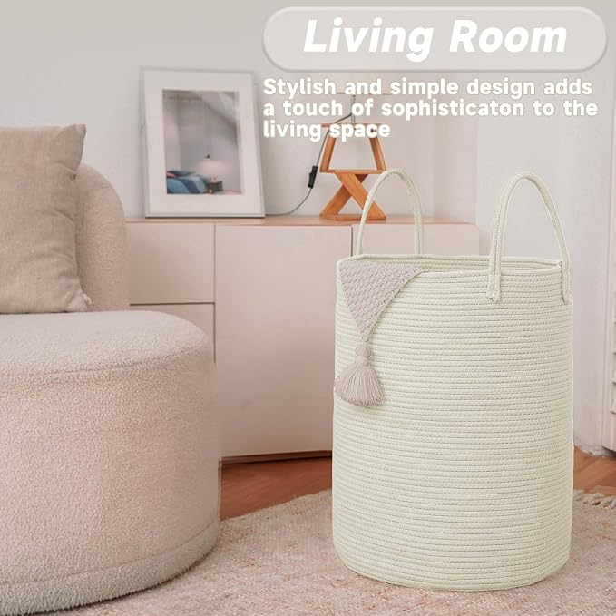 JMvicyroam 100L Cotton Rope Laundry Basket Hamper, White | Collapsible laundry basket, reinforced handles, freestanding, machine washable, holds 3-5 thick blankets, clothes or toys