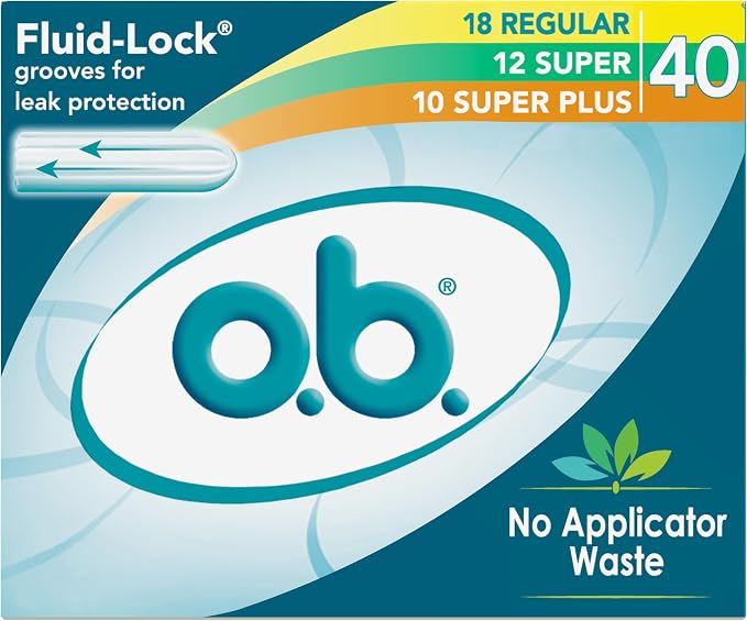 o.b. Tampons No Applicator, Unscented - 40ct (18ct Regular/12ct Super/10ct Super Plus) | Applicator-Free Tampons Multipack, Feminine Care, ob Tampon Multipack, Period Products