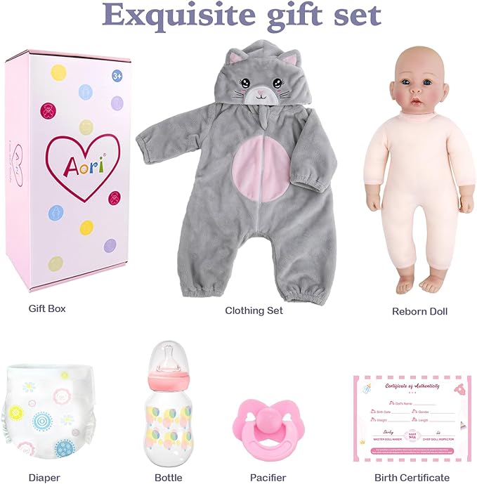 Aori Lifelike Baby Dolls - Realistic 17-Inch Baby Girl with Cute Lightweight Body, Real Life Baby Doll Set with Accessories for 3+ Kids Girls & Collection