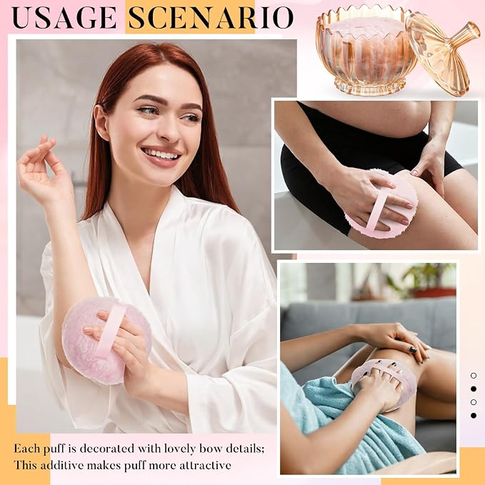 Tioncy 2 Pcs Extra Large Dusting Powder Puff and Container for Women-6'' Glass Crystal Dusting Powder Container with Body Soft Washable Reusable Velour Face(Amber,Scalloped)