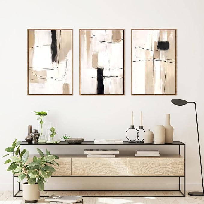 FWIEXA Modern Abstract Canvas Wall Art Set of 3, Framed Neutral Wall Decor, Large Black White Wall Painting, Beige Cream 24x36 Inch Prints Artworks for Living Room, Bedroom, Dining Room, Office