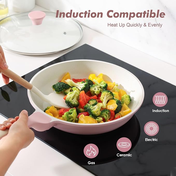 SENSARTE 8Inch Nonstick Ceramic Frying Pan with Lid, PFAS/PTFE Free, Pink | Ceramic Omelette Pan Skillet, Healthy Non-toxic Chef's Pan, Induction Compatible Pan, Heat Resistant Handle