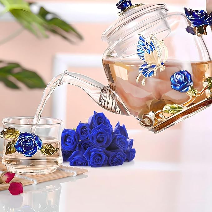 Glass Teapot -300 ml (10 oz) - Blue Rose Flower Butterfly Decoration Heat Resistant Glass Teapot Kettle Loose Leaf Teapot Tea Party Set (Blue)