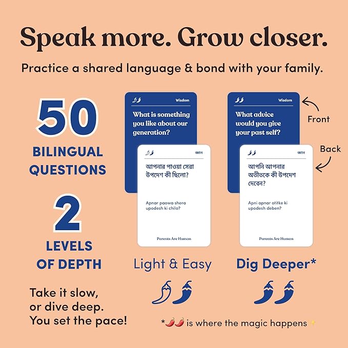Parents Are Human, Relationship Cards, Get to Know Each Other Better, Parents, Families, Teens & Kids Relationship Building, Light & Deep Questions, 70 Questions & Activity Cards, English + Bangla