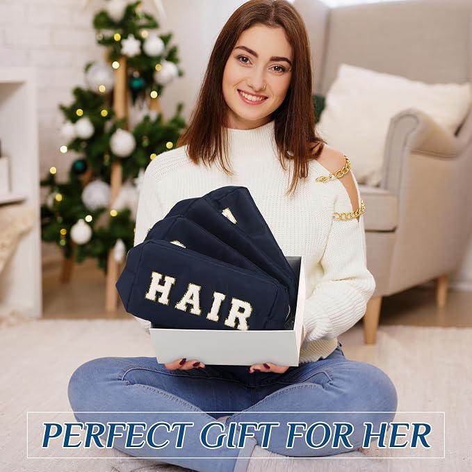Preppy Makeup Bags Chenille Letter Stuff Bag Nylon Cosmetic Pouch Cases with Zipper for Women Travel Toiletry(Dark Blue,Classic,4 Pcs)