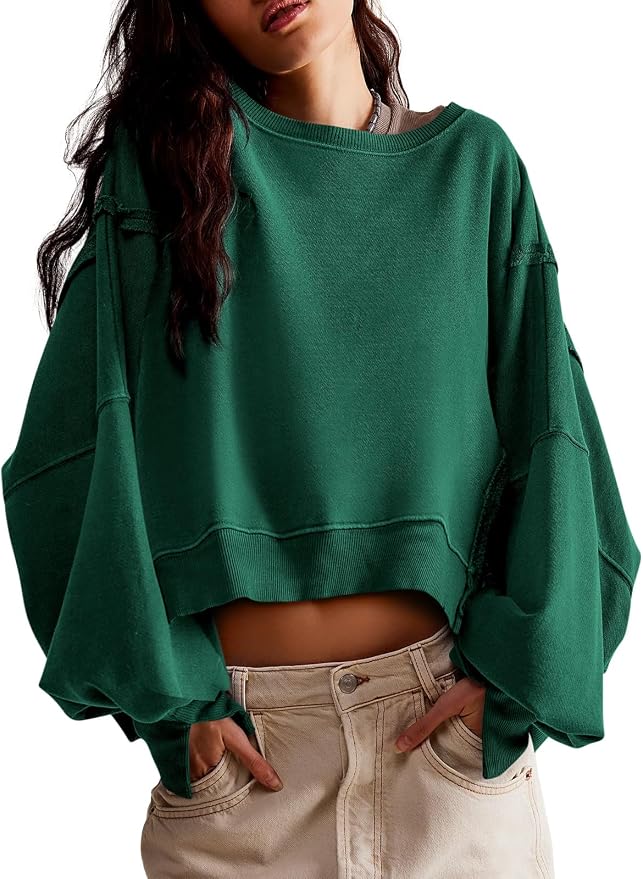 Zwurew Womens Casual Sweatshirt Cropped Shirts | Loose Fit, Tee Top, Pullover, Crop Hem, Design Trim, Daily Tops