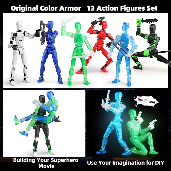 Luminous 13 Action Figure Set, 6PCS Robot Action Figure Titan 13 3D Printed Toys Articulated, for Modeling Enthusiasts Etc Birthday Gifts for Kids 3-8 Years Old, Grow in Dark （Assembly Required）