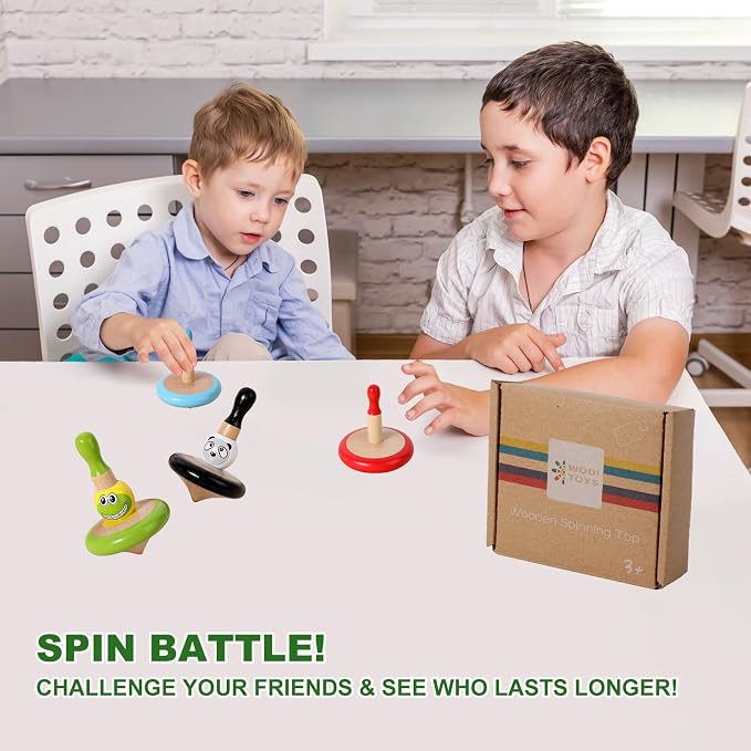 WODI 3PCS Wooden Spinning Tops - Adorable Animal Gyroscope Toys for Toddlers, Safe & Fun Montessori Educational Gift, Fidget Spinner for Kids/Toddlers (#2)