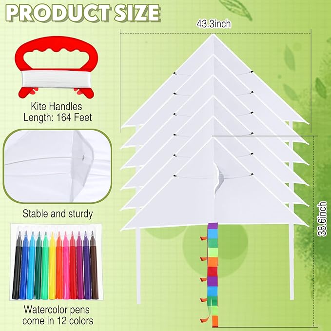 Libima 50 Pcs DIY Blank Kites for Kids Bulk Large Kite Making Kit Easy to Fly Set Party with Watercolor Pens and String Decorating Coloring Party Set for Craft Outdoor Games (Triangle)