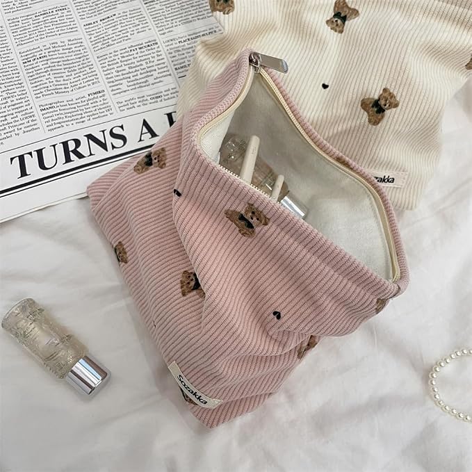 Cute Small Soft Corduroy Zipper Makeup Bag for Purse, Coquette Aesthetic Pouch with Bear Pattern for Women Girls, Kawaii Travel Cosmetic Bags(01Pink)