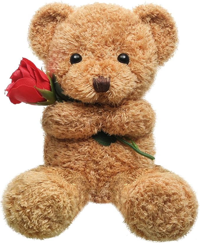 Civaner Bear Stuffed Animal Gift with Rose Funny Cute Bear Stuffed Animal Plush Gift for Mother Girlfriend Birthday Wedding, 11.8 Inches(Beige)