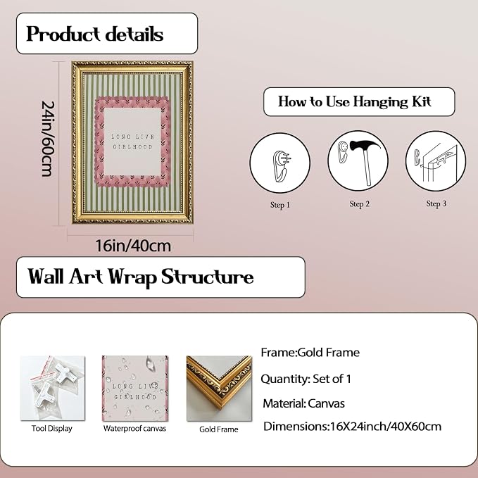 Long Live Girlhood Wall Art Vintage Girl Nursery Wall Decor Picture, Pink and Green Striped Baby Girls Poster Canvas Print Painting Artwork for Living Room Bedroom 16x24 inch Gold Framed