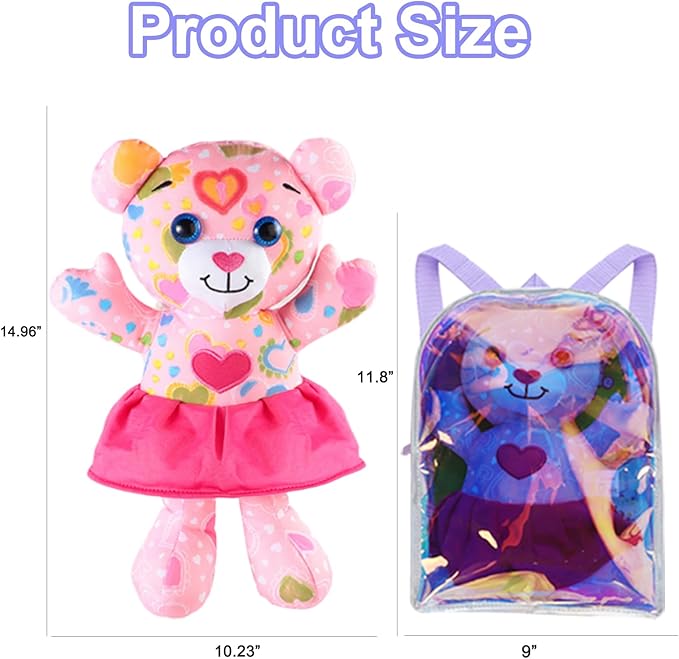 Stuffed Animal Coloring Plush Toy with 20 Washable Markers Laser Holographic Backpack Road Trip Car Game Writing Painting Set for Girls Doodle Dolls Kids Ages 3-6 Birthday(Pink Bear)