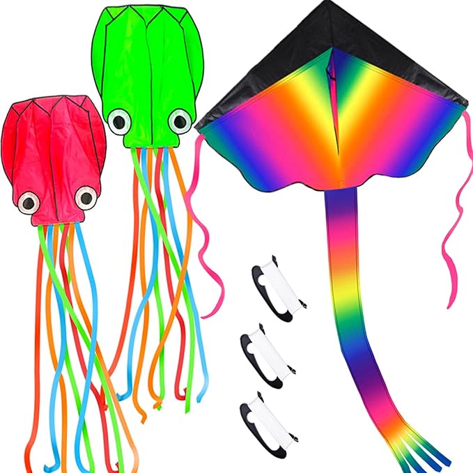 3 Pack Octopus Kite - 3D Beach Kites for People & Kids (Blue, Green, Red) - Easy to Fly, Kite Kit with 100M String