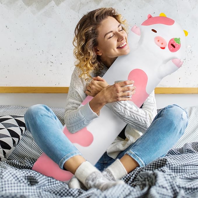 Long Cow Plush 5 Sizes, 120% Extra Filling Giant Plushness Kids Body Pillow, Kawaii Cute Strawberry Cow Stuffed Animals Plushies, Big Long Body Pillow Cat Plush Gift for Girls 53”
