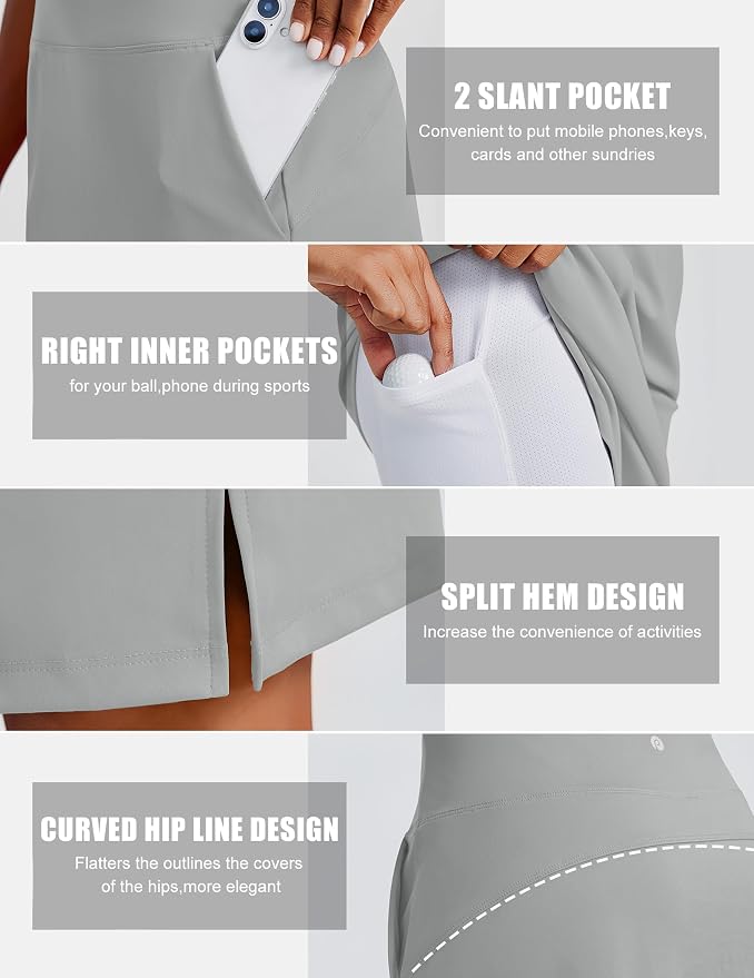 PINSPARK 20" Skorts for Woman Knee Length UPF 50+ Golf Skirts | 4 Pockets, Built-in Shorts, High Waisted, Split Hem, Silky-smooth, Moisture-wicking, for Golf Athletic Tennis Workout Casual