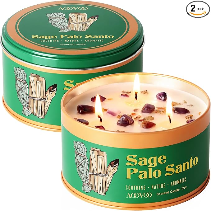 AOOVOO 2 Pack Sage & Palo Santo Candles for Cleansing - 3 Wick 12oz Large Scented Candle with Amethyst Crystals, Sage & Palo Santo Inside, Non-Toxic Soy Candles for Meditation Spiritual Healing Gift