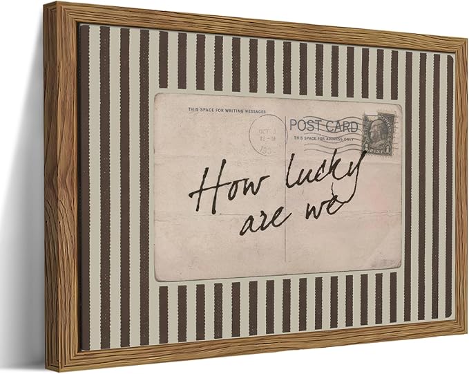 Framed How Lucky Are We Wall Art, Vintage Preppy Inspirational Canvas Wall Decor Painting, Funky Stripe Postcard Quote Poster Print Picture for Bedroom Dorm Apartment Decor 16x24 Inch