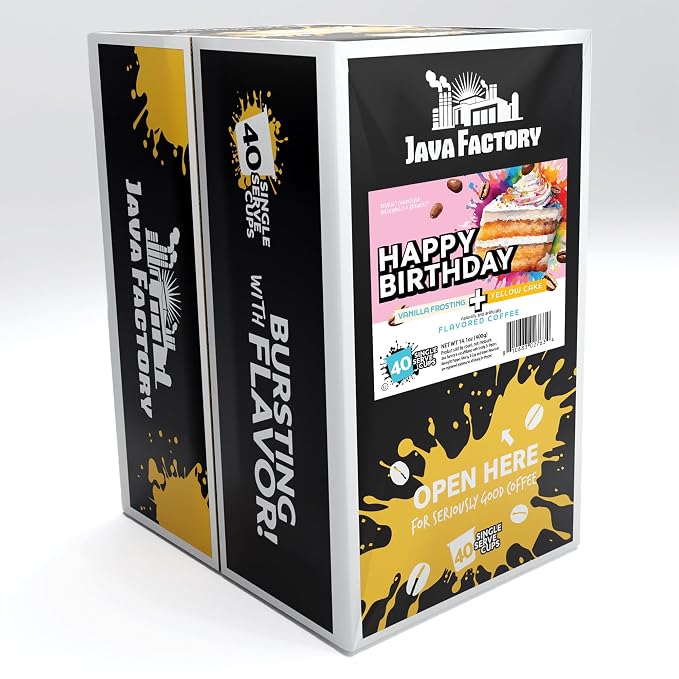 Java Factory Flavored Coffee Pods, Happy Birthday Cake Icing, Compatible with K Cup Brewers, 40 Count