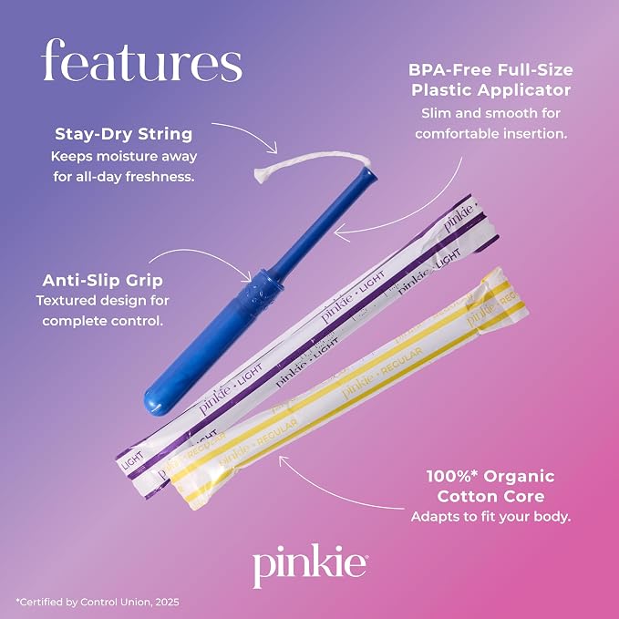 Pinkie Organic Tampons for Teens & Adults - 100% Cotton Core Adapts to Your Body - Slim BPA-Free Applicator for Comfortable Insertion - Chlorine, Fragrance, Dye & Rayon Free - Light/Regular, 36 Count