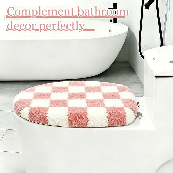 Retro Pink-and-White Checkered Bathroom Toilet Seat Cover Classic checkered toilet seat cover Machine-washable bathroom decor Fits most round, oval, and elongated (pink and white)