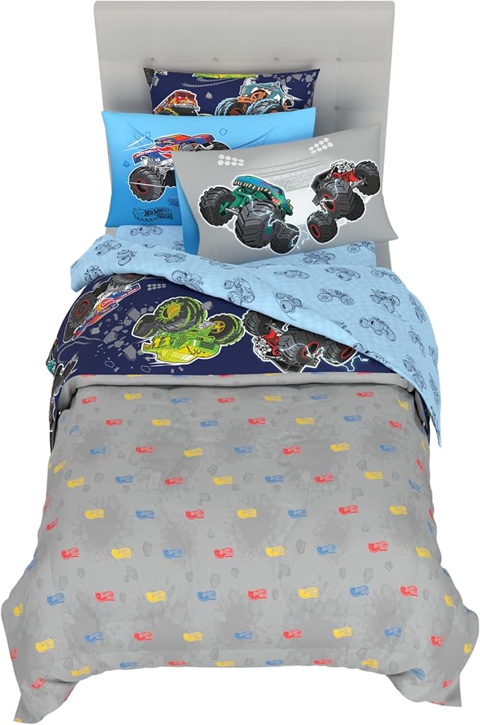 Hot Wheels x Monster Trucks Bedding Set, Twin Size 5 Piece Set Kids Super Soft Cozy Reversible Comforter and Sheet Set with Sham, (100% Officially Licensed Product) by Franco