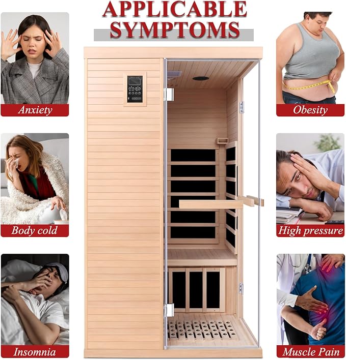 Far Infrared Home 1 Person Indoor Sauna Room 110V/1350W Hemlock Wooden Dry Sauna,Double Opening Tempered Glass Door，Internal and External LCD Controller，Bluetooth Player