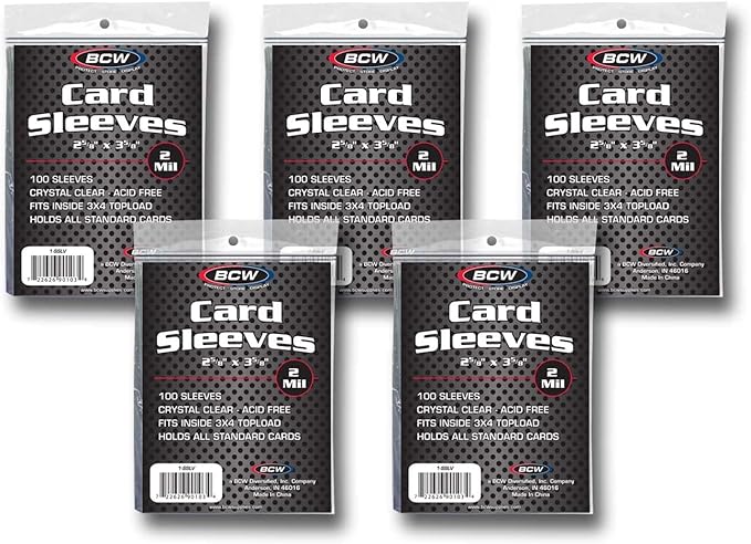 BCW Standard Card Sleeves - 2-5/8" x 3-5/8" - 5 Packs (500 Total) | Crystal Clear Acid-Free, Toploader | Trading Card Sleeves for Baseball, Basketball, Football, Hockey, Pokemon, MTG, etc