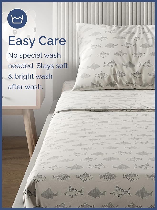 Kids Queen Size Bed Sheet Set - 4 Piece Kids Loft Bed Sheets - Fish Sea Animal Themed Bedding - Soft, Cute - Breathable and Machine Washable - Ocean Animal Bed Set for Boys, Girls, Teens and Toddlers
