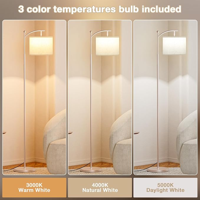 Ambimall 60" Floor Lamp for Living Room with 3 Color Temperatures, Adjustable Beige Shade with Light Gold Pole, Tall Lamp for Bedroom Office Classroom Dorm Room, 9W Bulb Included