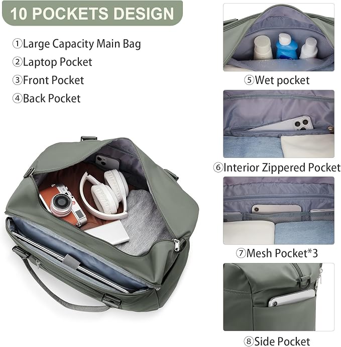 Travel Duffel Bag, Carry On Overnight Weekender Bags for Women | Travel Bag with Wet Pocket & Trolley Sleeve, For Spirit Airlines 18x14x8 Personal Item Bag