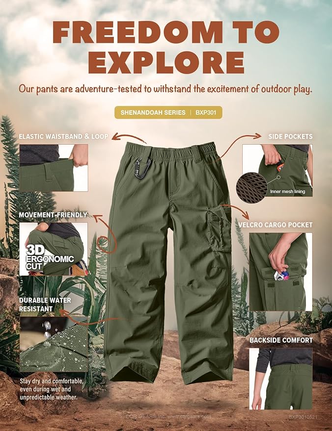 CQR Kids Boy’s Hiking Cargo Pants, Water Resistant UPF 50+ Quick Dry Youth Casual Outdoor Climbing Camping Trousers