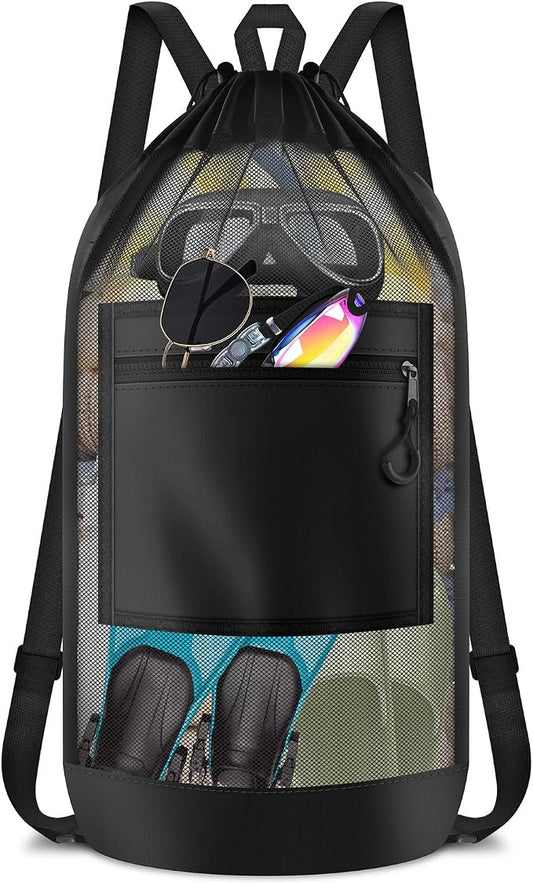 BROTOU Drawstring Backpack Gym String Bag with Pocket for Men Women Heavy Duty Mesh Bag Sport Equipment Bag for Swimming Yoga Beach Laundry