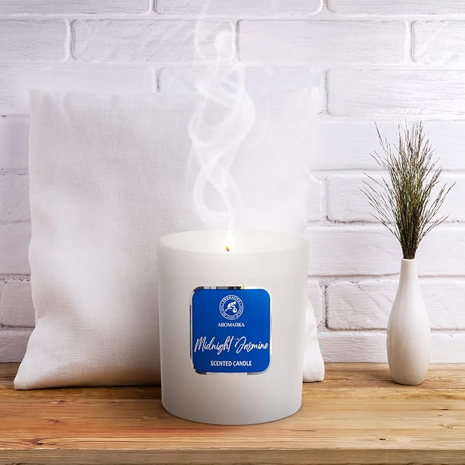 AROMATIKA Midnight Jasmine Soywax Candle - Up to 45 Hours Burn Time - Glass Candle Gift - Aromatherapy Candle - Blue Floral Scent
