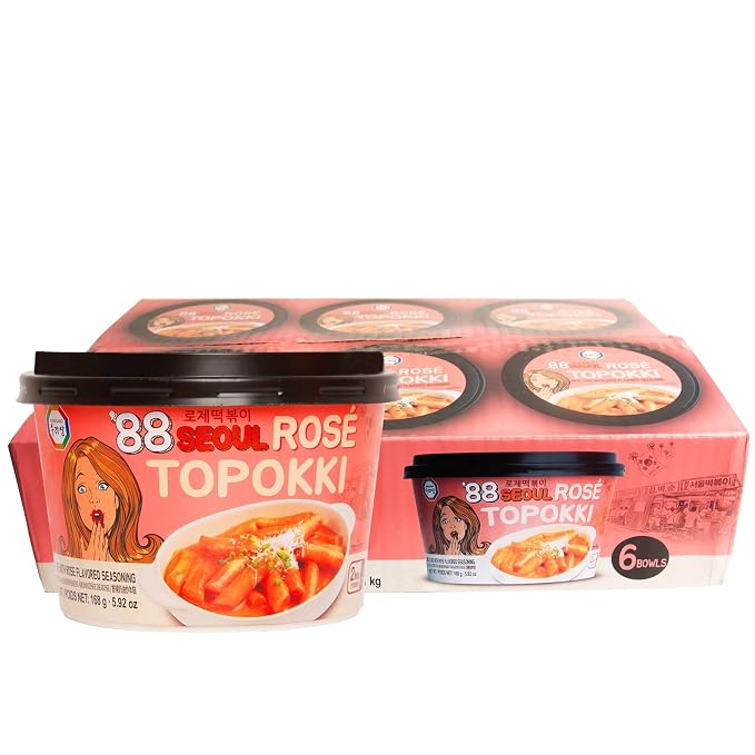 Surasang Rose Tteokbokki Creamy Korean Rice Cakes Bowl | Mild Spicy Rose Sauce, Trendy Fusion Street Food, Microwaveable Cups, Made in Korea, Pack of 6