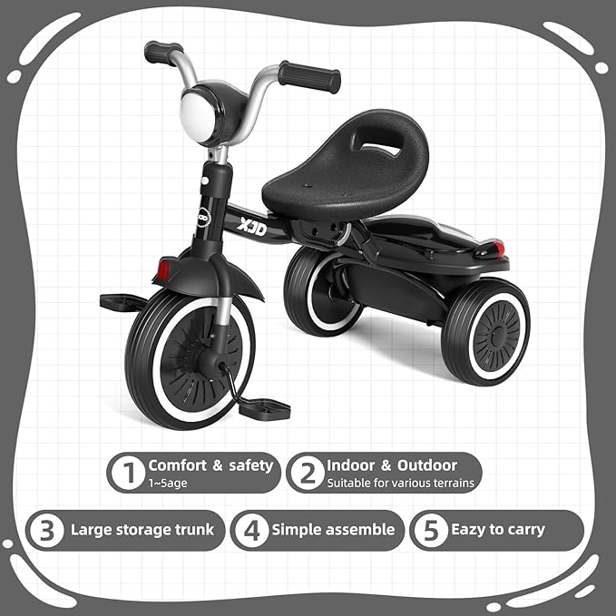 XJD Toddler Tricycle, Foldable Toddler Bike with Pedals, Tricycle for 2-5 Year Olds, Adjustable Comfortable Seat, Christmas Birthday Gifts for 1-5 Years Old Boys and Girls (Black)