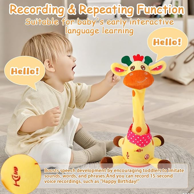 Dancing Talking Musical Giraffe Toy, Giraffe Stuffed Animal Tummy Time Toy with Volume Adjustment, Singing 10 Children's Songs Light Up Toys, Repeating What You Say, Baby Toys for Boys Girls Gifts