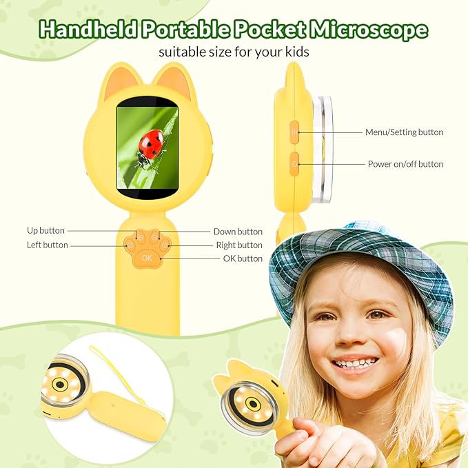 Mafiti Microscope for Kids Mini Pocket Handheld Kids Microscope Educational Science Kit Toys Xmas/Birthday Gifts for Aged 3-12 Girls Boys,Yellow