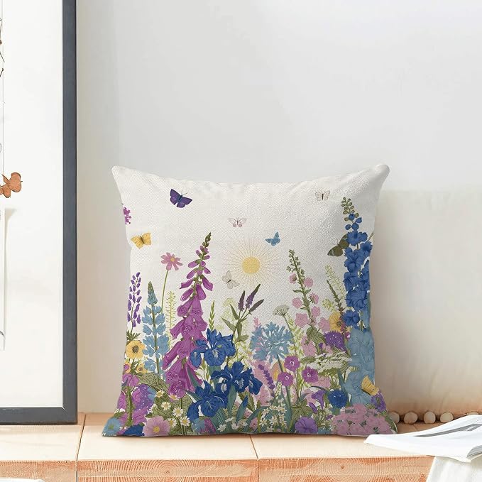 AEIOAE Spring Pillow Covers 18x18 Inch Set of 2, Navy Blue Sage Green Pink Wild Flower Throw Pillows Case,Seasonal Floral Plant Outdoor Decorative Farmhouse Decor Cushion Covers for Sofa Bed Couch