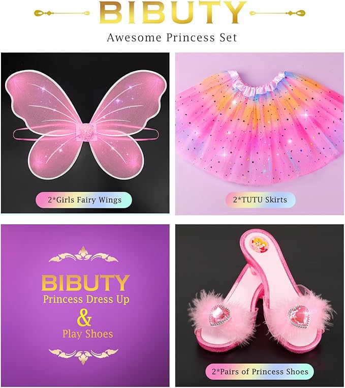 Kids Princess Dress Up Clothes for Little Girls, BIBUTY Pretend Play & Dress Up Princess Costume Set with Princess Shoes Tutu Fairy Wing for Little Girls, Princess Toy Gift for 3-6 Toddler Little Girl