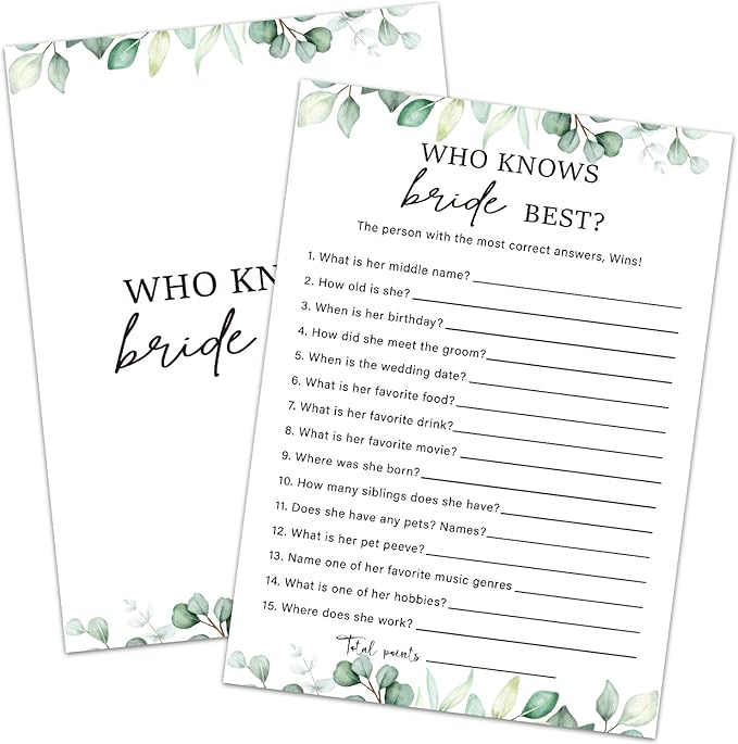 Who Knows The Bride Best Bridal Game Wedding Shower Games, Bridal Shower Games 30 Guests for Engagement Wedding Party (Eucalyptus Botanical Style) -0010