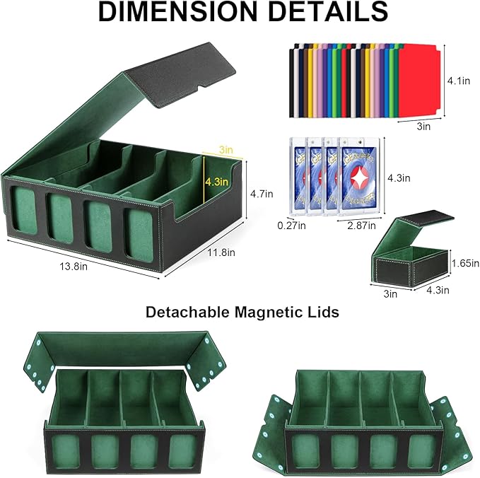 GEAoffice Trading Card Storage Box with Commander Display, 3200+ Card Deck Case with Magnetic Removable Lid, 4-Row Deck Box for MTG/TCG/Sports/Games, 10 Stoppers, 24 Dividers, 1 Dice Tray, Black Green