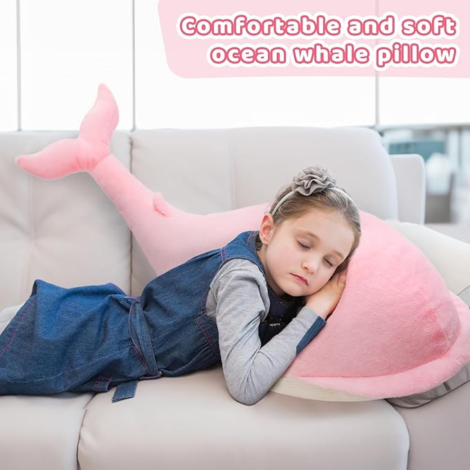 Tezituor 4ft Giant Whale Stuffed Animal, 43.3 inch Large Stuffed Pink Whale Plush Ocean Toys, Hugging Soft Whale Plush Pillow for Girls Boys