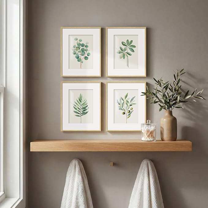 Framed Minimalist Sage Green Botanical Kitchen Wall art, 4 Piece 8x10 In | Green leaf plant pictures, Boho modern farmhouse wall decor, Plexiglass with mat prints, Bedroom bathroom hallway decor