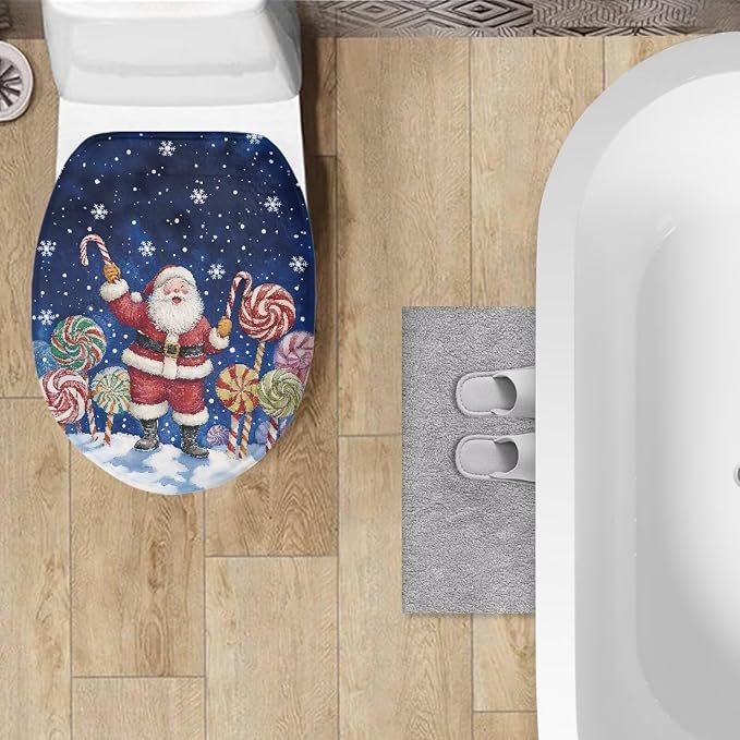 Santa Claus Toilet Tank Cover Replacement Candy Cane Toilet Seat Cover for Motorhome Xmas Decor Bathroom Decoration Accessories Universal Fit Oval