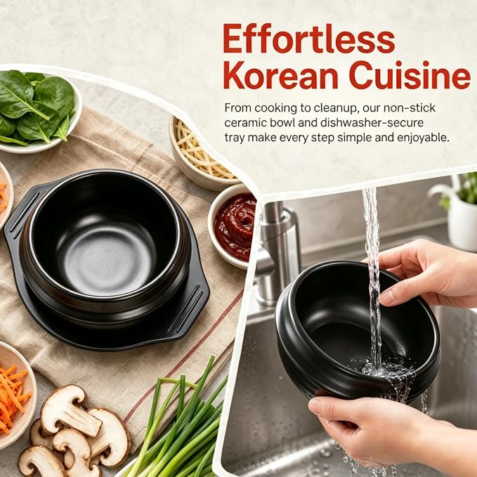 37 Oz Korean Stone Bowl with Tray | Ceramic Pot Set Dolsot Bibimbap Sizzling Hot Pot, Korean Cooking Soup Cookware for Restaurants, Rice, Soup, Noodle