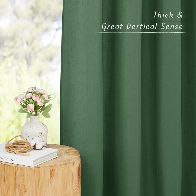 NICETOWN Olive Green Short Linen Curtains for Kitchen, Thick Flax Small Window Treatments Semi Sheer Privacy Assured with Light Through for Cafe/Bathroom, W42 x L48, 2 Panels