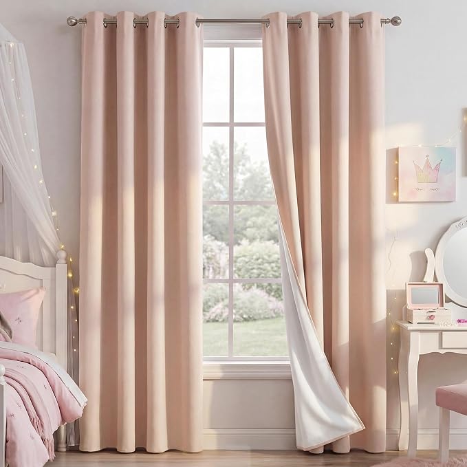 NICETOWN 100% Absolutely Blackout Linen Curtains for Bedroom Living Room, Blush Pink, 52" Wide, 2 Pieces, Privacy Vertical Thermal Insulated Window Drapes 84 inch Long for Infants and Young Children